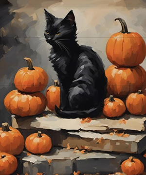 photo of painting of black cat sitting on stone steps with small pumpkins